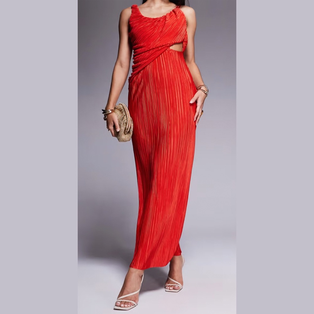 Drape Plisse Maxi Dress in reddish orange